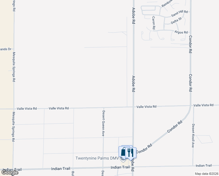 map of restaurants, bars, coffee shops, grocery stores, and more near Valle Vista Road in Twentynine Palms