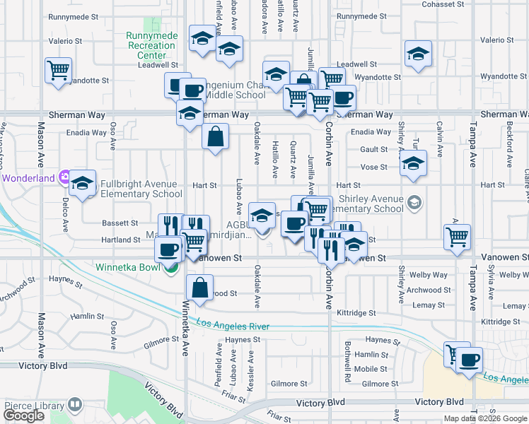 map of restaurants, bars, coffee shops, grocery stores, and more near 19853 Bassett Street in Los Angeles