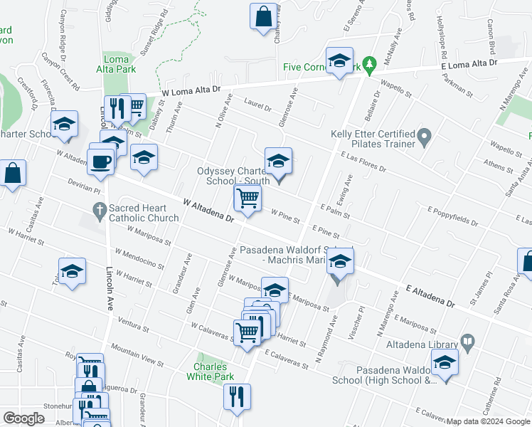 map of restaurants, bars, coffee shops, grocery stores, and more near 118 West Pine Street in Altadena