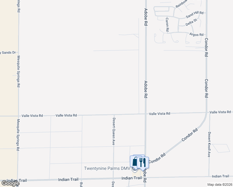 map of restaurants, bars, coffee shops, grocery stores, and more near 73526 Valle Vista Road in Twentynine Palms