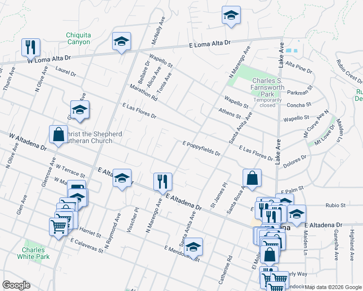 map of restaurants, bars, coffee shops, grocery stores, and more near 310 East Poppyfields Drive in Altadena