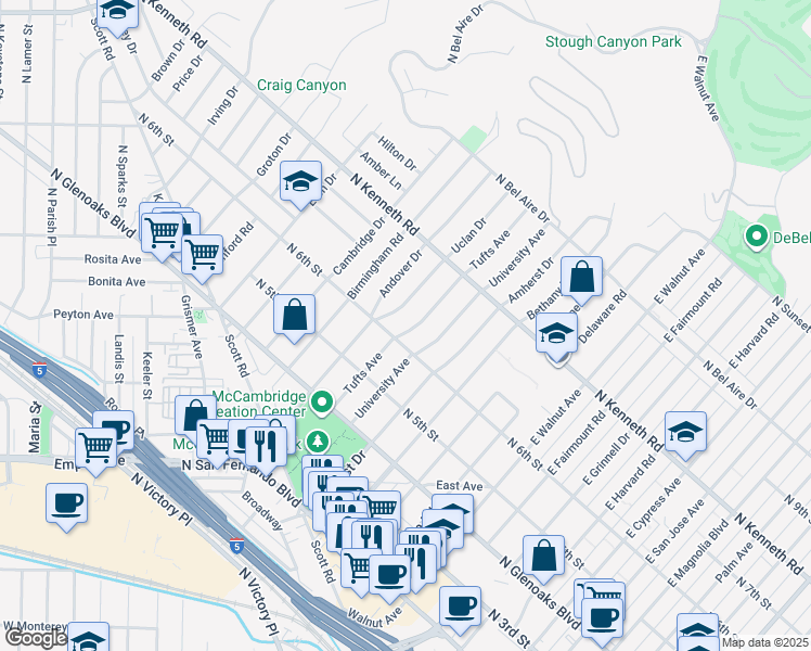 map of restaurants, bars, coffee shops, grocery stores, and more near 613 Tufts Ave in Burbank