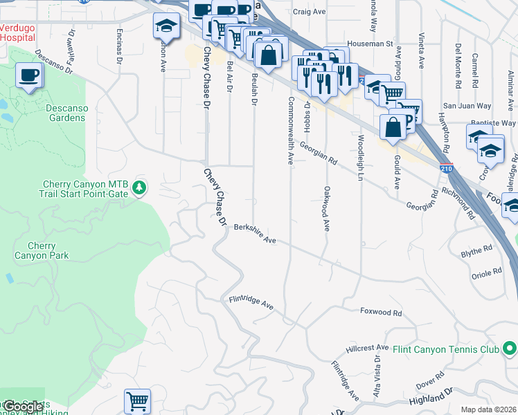map of restaurants, bars, coffee shops, grocery stores, and more near 4228 Beulah Drive in La Cañada Flintridge