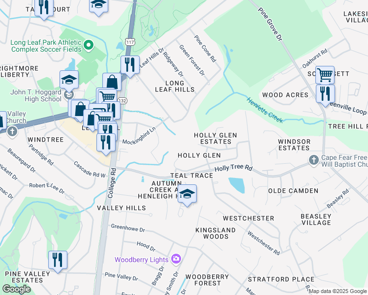 map of restaurants, bars, coffee shops, grocery stores, and more near 4804 Whitner Drive in Wilmington