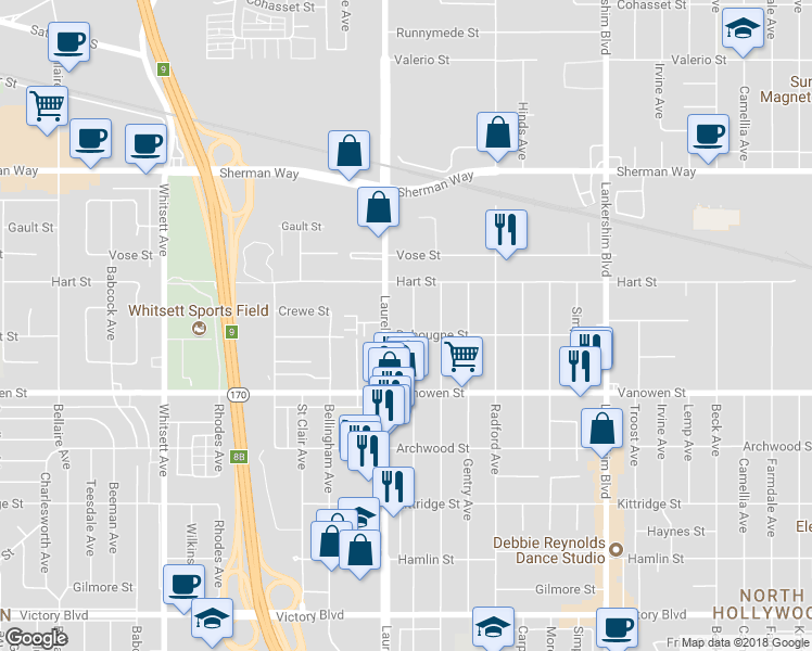 map of restaurants, bars, coffee shops, grocery stores, and more near 6911 Agnes Avenue in North Hollywood
