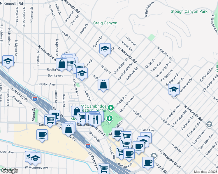 map of restaurants, bars, coffee shops, grocery stores, and more near 425 Birmingham Road in Burbank