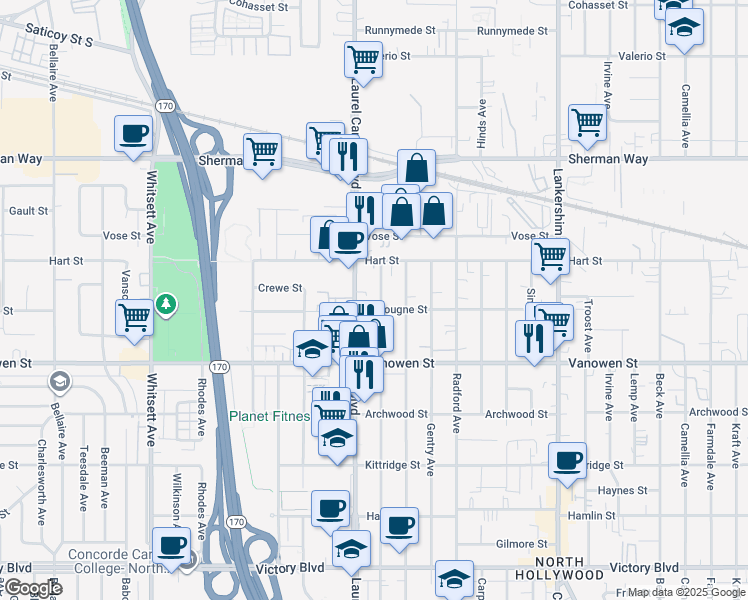 map of restaurants, bars, coffee shops, grocery stores, and more near 6856 Agnes Avenue in Los Angeles