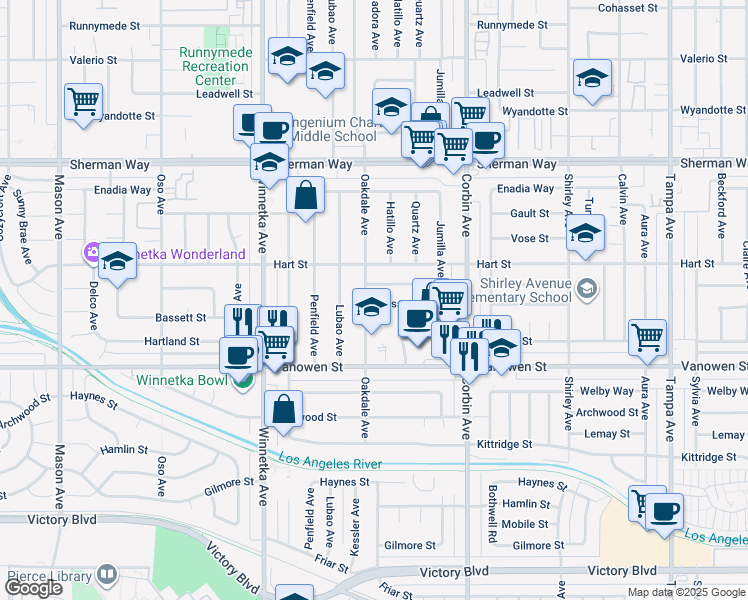 map of restaurants, bars, coffee shops, grocery stores, and more near 19853 Bassett Street in Los Angeles