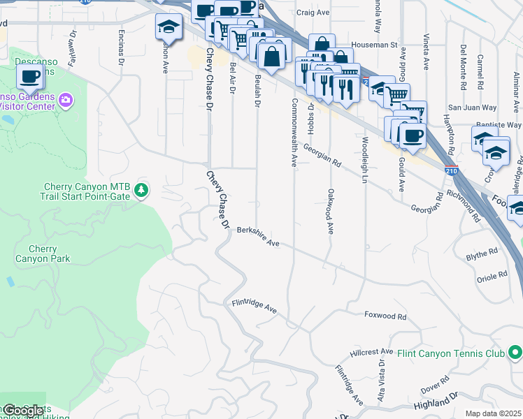 map of restaurants, bars, coffee shops, grocery stores, and more near 4228 Beulah Drive in La Cañada Flintridge