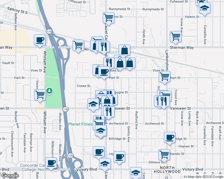map of restaurants, bars, coffee shops, grocery stores, and more near 6911 Agnes Avenue in Los Angeles
