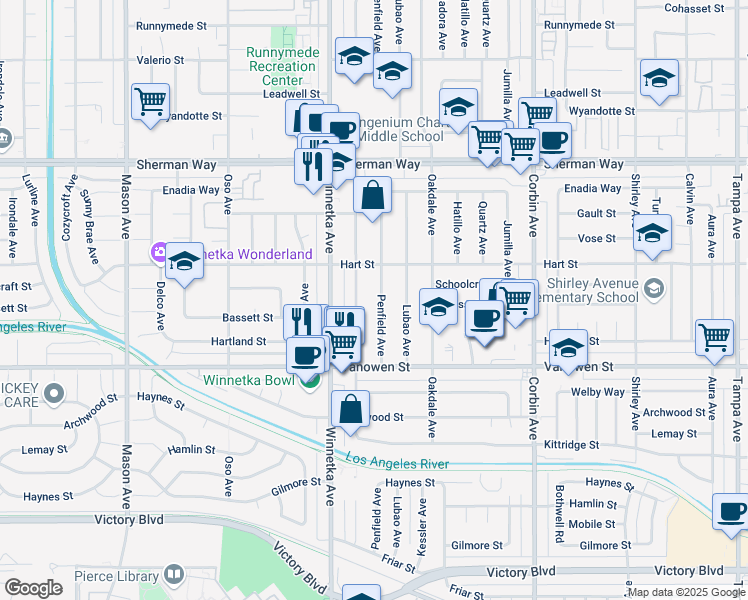 map of restaurants, bars, coffee shops, grocery stores, and more near 6857 Penfield Avenue in Los Angeles