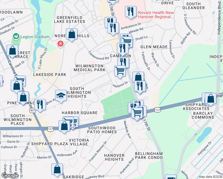 map of restaurants, bars, coffee shops, grocery stores, and more near 2599 Flint Dr in Wilmington