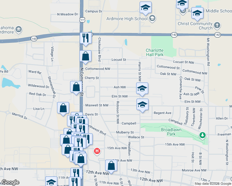 map of restaurants, bars, coffee shops, grocery stores, and more near 1809 Robison Street Northwest in Ardmore