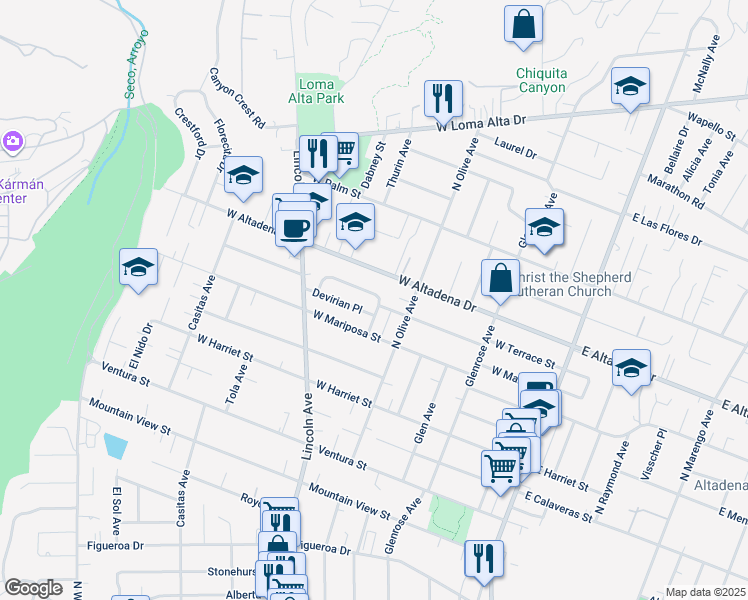 map of restaurants, bars, coffee shops, grocery stores, and more near 408 West Terrace Street in Altadena