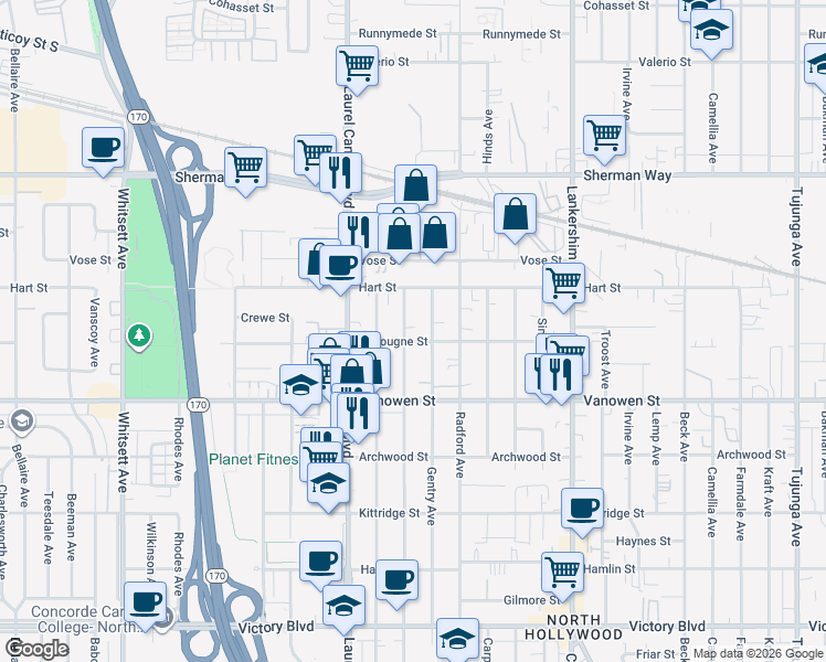 map of restaurants, bars, coffee shops, grocery stores, and more near 6910 Ben Avenue in Los Angeles