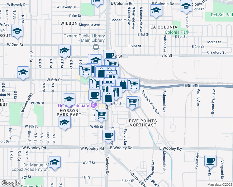 map of restaurants, bars, coffee shops, grocery stores, and more near 633 Meta Street in Oxnard
