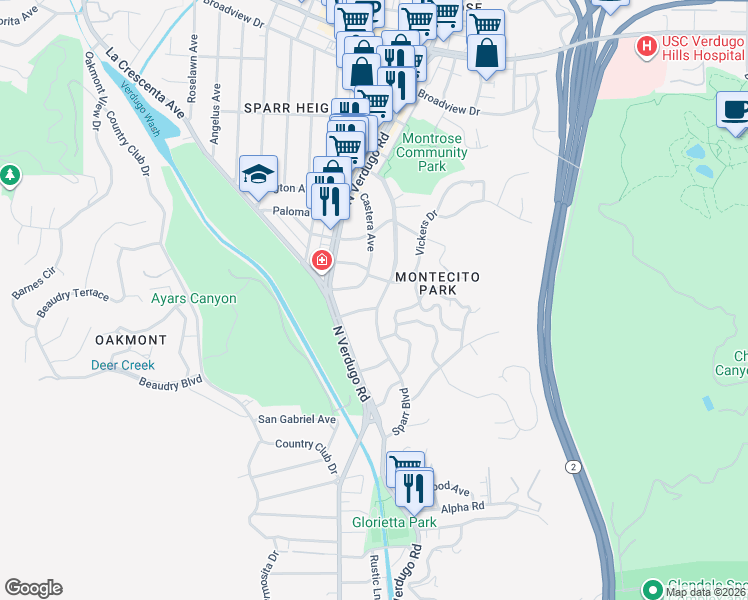 map of restaurants, bars, coffee shops, grocery stores, and more near 3131 Menlo Drive in Glendale