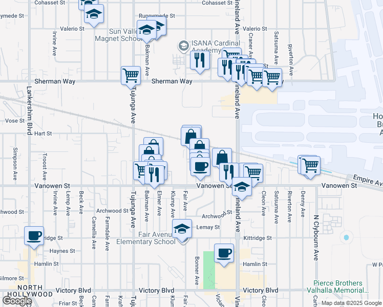 map of restaurants, bars, coffee shops, grocery stores, and more near 11135 Vanowen Street in Los Angeles