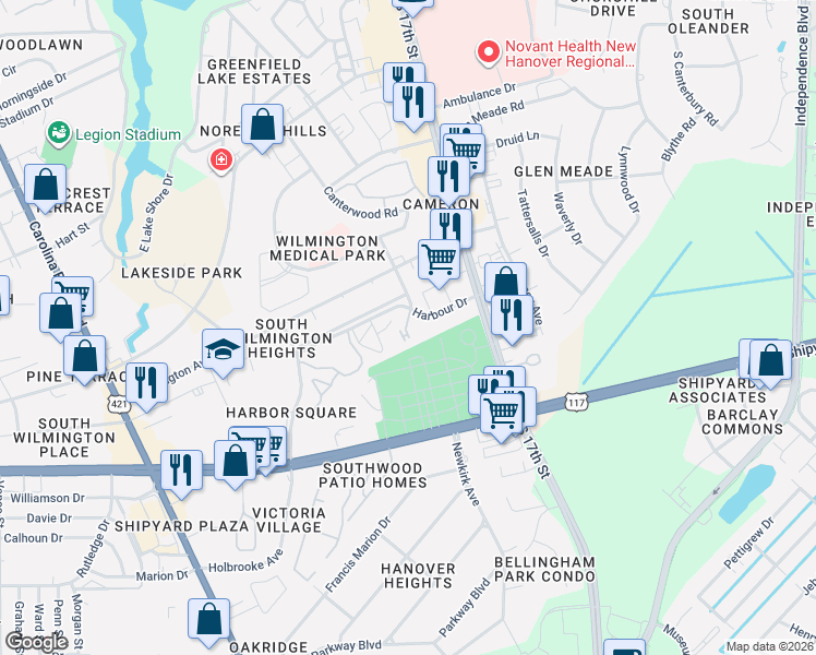 map of restaurants, bars, coffee shops, grocery stores, and more near 1416 Harbour Drive in Wilmington