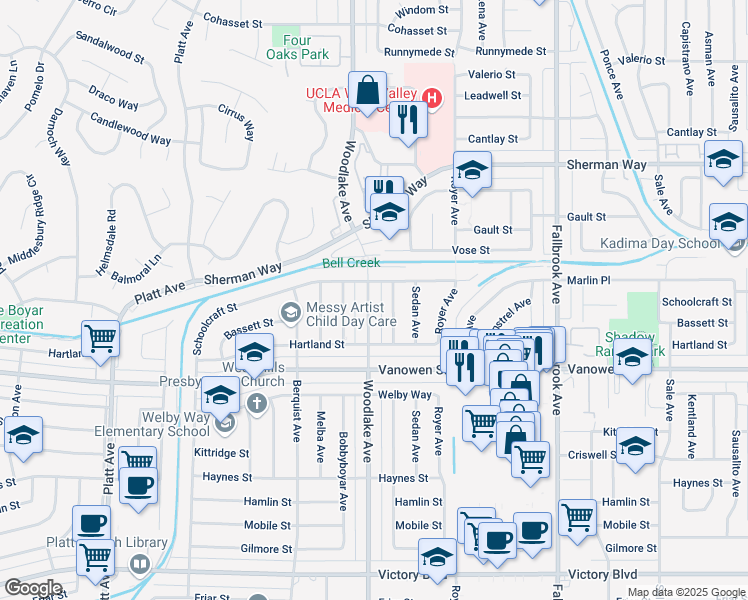 map of restaurants, bars, coffee shops, grocery stores, and more near 6954 Woodlake Avenue in Los Angeles