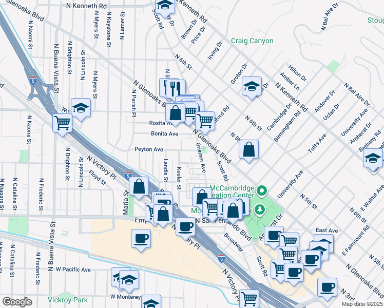 map of restaurants, bars, coffee shops, grocery stores, and more near 1827 Grismer Avenue in Burbank