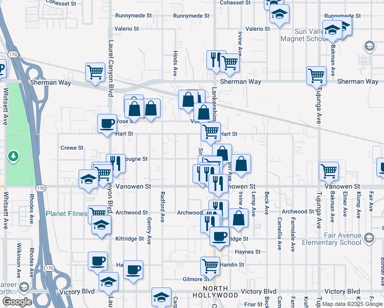 map of restaurants, bars, coffee shops, grocery stores, and more near 6847 Simpson Avenue in Los Angeles