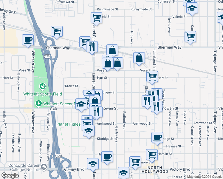 map of restaurants, bars, coffee shops, grocery stores, and more near 6853 Gentry Avenue in Los Angeles