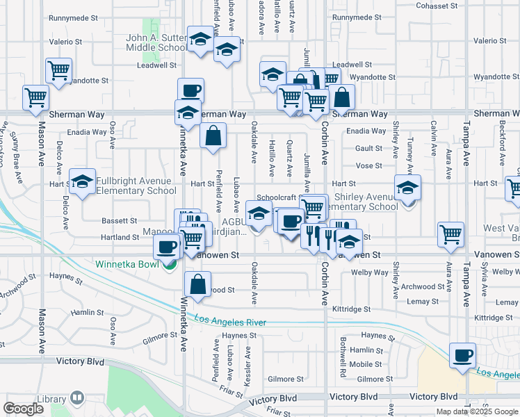 map of restaurants, bars, coffee shops, grocery stores, and more near 19844 Bassett Street in Los Angeles