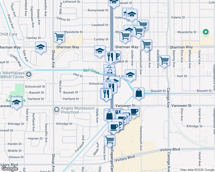 map of restaurants, bars, coffee shops, grocery stores, and more near 22016 Schoolcraft Street in Los Angeles