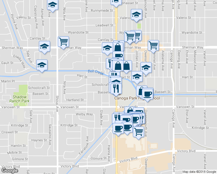 map of restaurants, bars, coffee shops, grocery stores, and more near 22030 Schoolcraft Street in Los Angeles