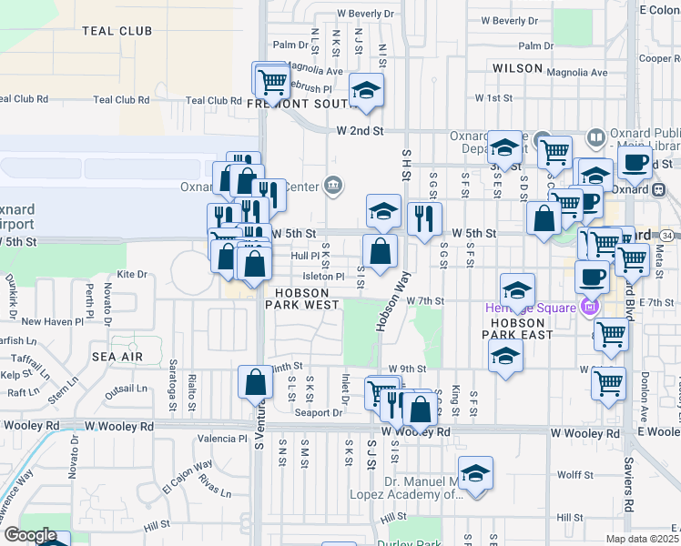 map of restaurants, bars, coffee shops, grocery stores, and more near 1121 West 7th Street in Oxnard