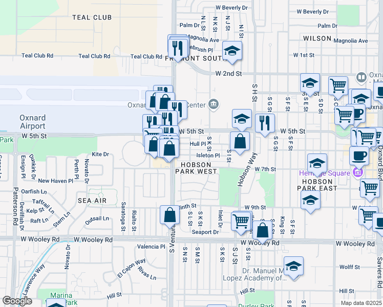 map of restaurants, bars, coffee shops, grocery stores, and more near 1241 West 7th Street in Oxnard