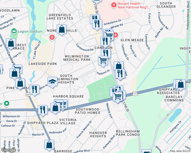 map of restaurants, bars, coffee shops, grocery stores, and more near 1416 Harbour Drive in Wilmington