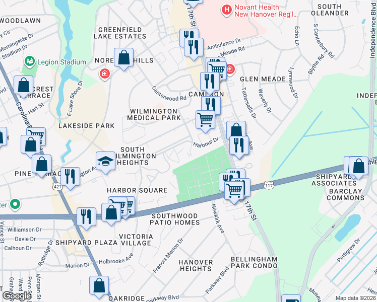 map of restaurants, bars, coffee shops, grocery stores, and more near 1416 Harbour Drive in Wilmington