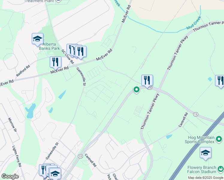 map of restaurants, bars, coffee shops, grocery stores, and more near 4664 Atlanta Highway in Flowery Branch