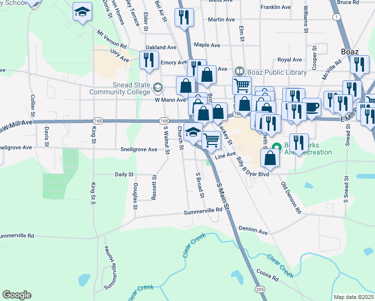 map of restaurants, bars, coffee shops, grocery stores, and more near 260 Line Avenue in Boaz