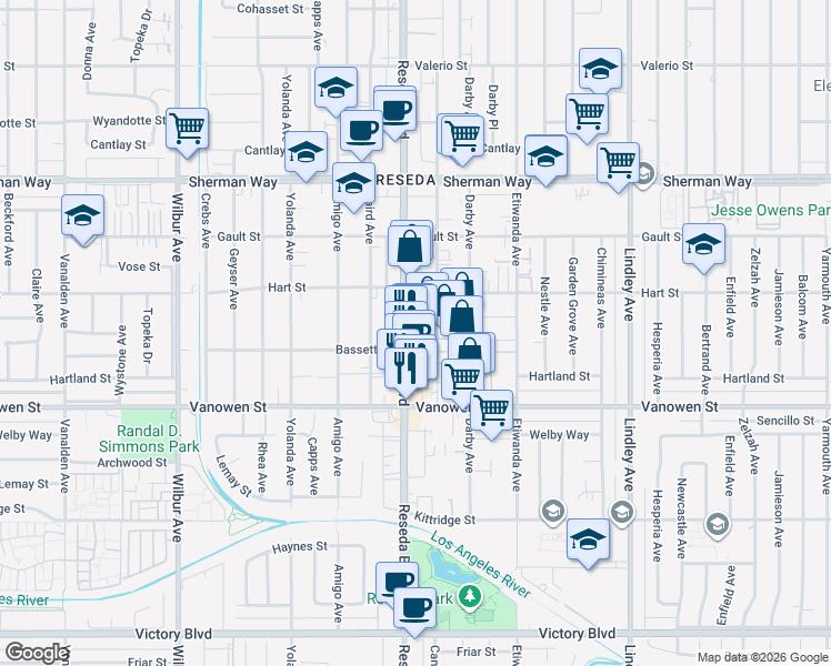 map of restaurants, bars, coffee shops, grocery stores, and more near 6857 Reseda Boulevard in Los Angeles