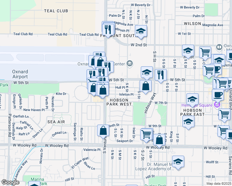 map of restaurants, bars, coffee shops, grocery stores, and more near 1241 West 7th Street in Oxnard