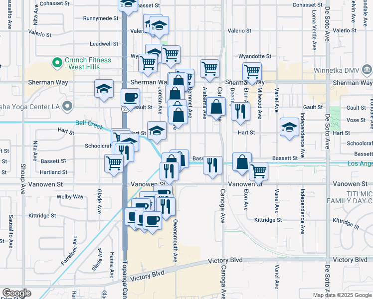 map of restaurants, bars, coffee shops, grocery stores, and more near 6919 Remmet Avenue in Los Angeles