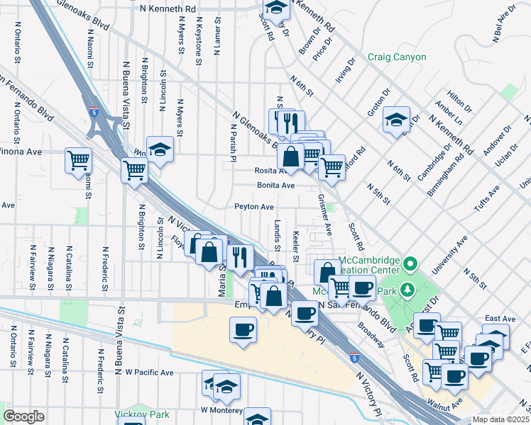 map of restaurants, bars, coffee shops, grocery stores, and more near 1920 Peyton Avenue in Burbank