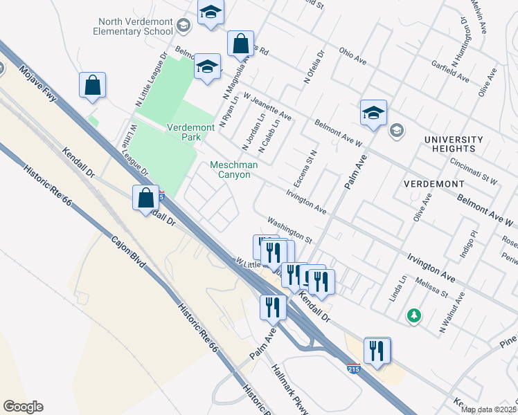 map of restaurants, bars, coffee shops, grocery stores, and more near 3322 Washington Street in San Bernardino