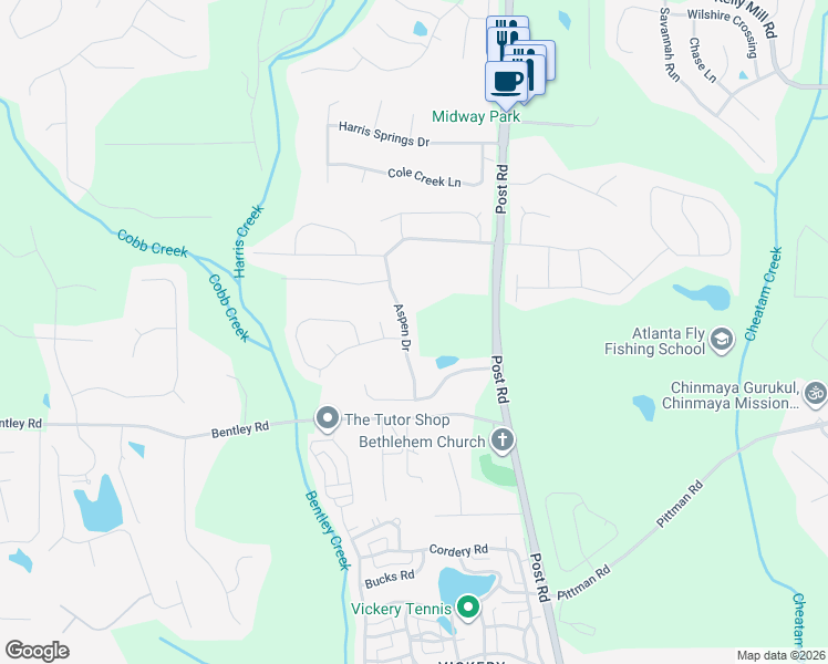 map of restaurants, bars, coffee shops, grocery stores, and more near 5825 Aspen Drive in Cumming