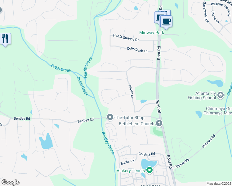 map of restaurants, bars, coffee shops, grocery stores, and more near 6450 Pine Bluff Drive in Cumming