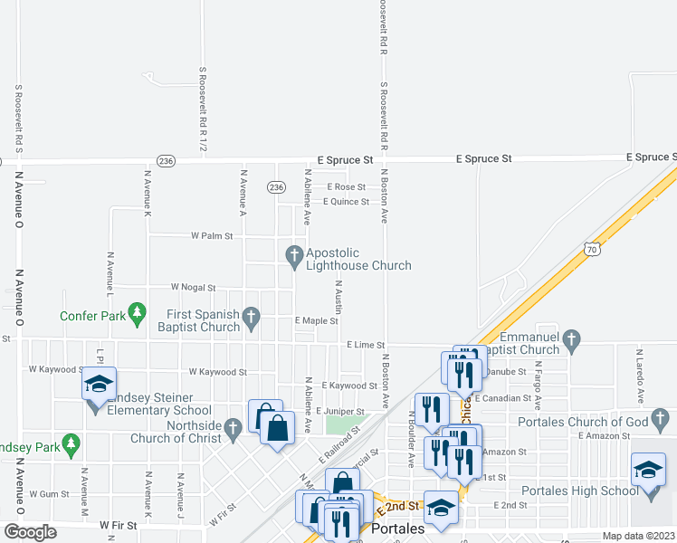map of restaurants, bars, coffee shops, grocery stores, and more near 1600 North Austin Avenue in Portales