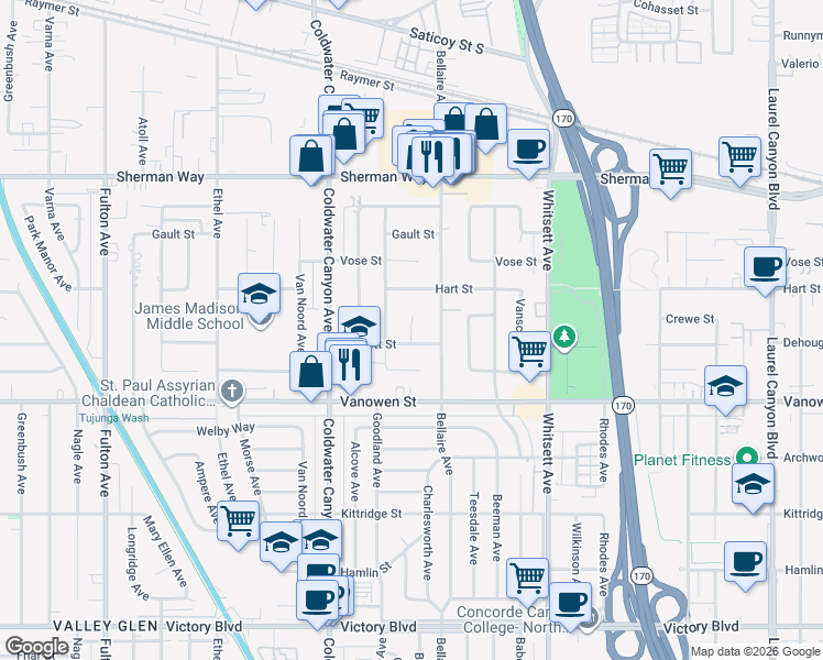 map of restaurants, bars, coffee shops, grocery stores, and more near 7628 Bluebell Avenue in Los Angeles