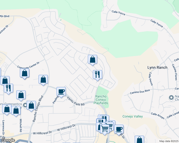 map of restaurants, bars, coffee shops, grocery stores, and more near 1624 Blue Canyon Street in Thousand Oaks