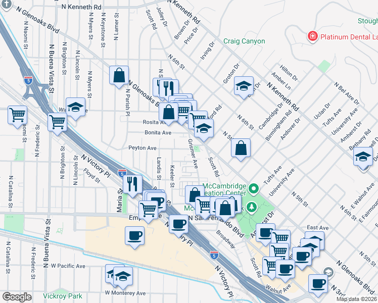 map of restaurants, bars, coffee shops, grocery stores, and more near 1923 Grismer Avenue in Burbank