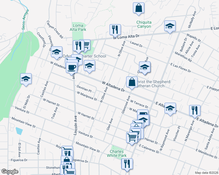 map of restaurants, bars, coffee shops, grocery stores, and more near 318 West Altadena Drive in Altadena