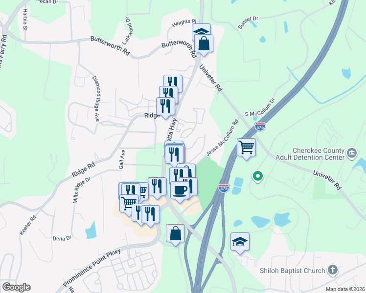 map of restaurants, bars, coffee shops, grocery stores, and more near 805 Canterbury Ridge Circle in Canton