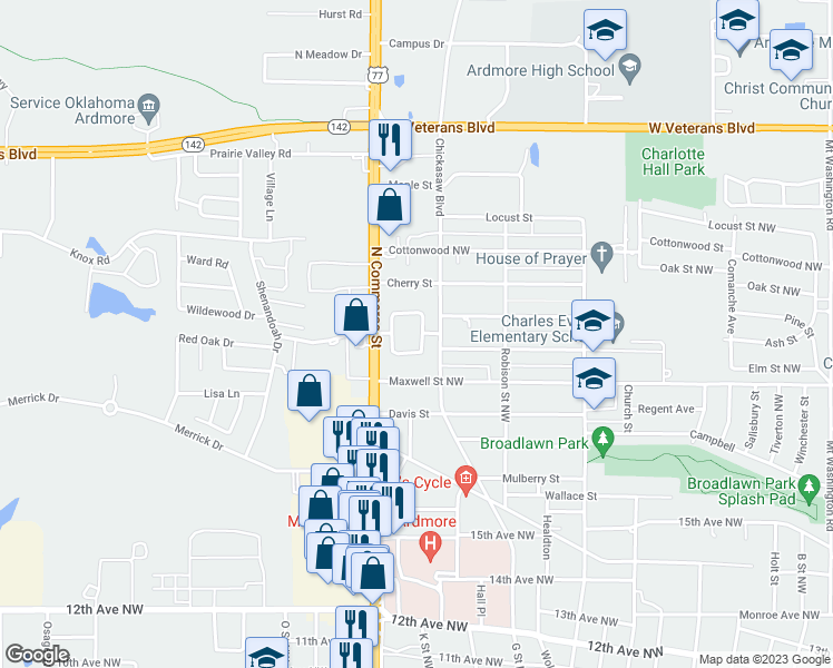 map of restaurants, bars, coffee shops, grocery stores, and more near 1100 Circle Drive in Ardmore